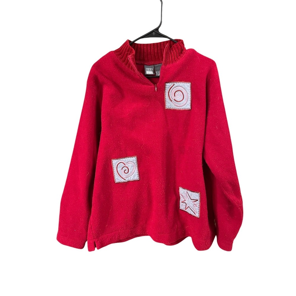 Bill Blass Sport Red Fleece Quarter Zip Pullover Heart Star Patch Womens XL